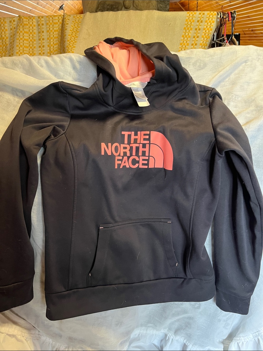 The North Face Dark Grey Hoodie with Peach Logo and Lined Hood 19”PTP